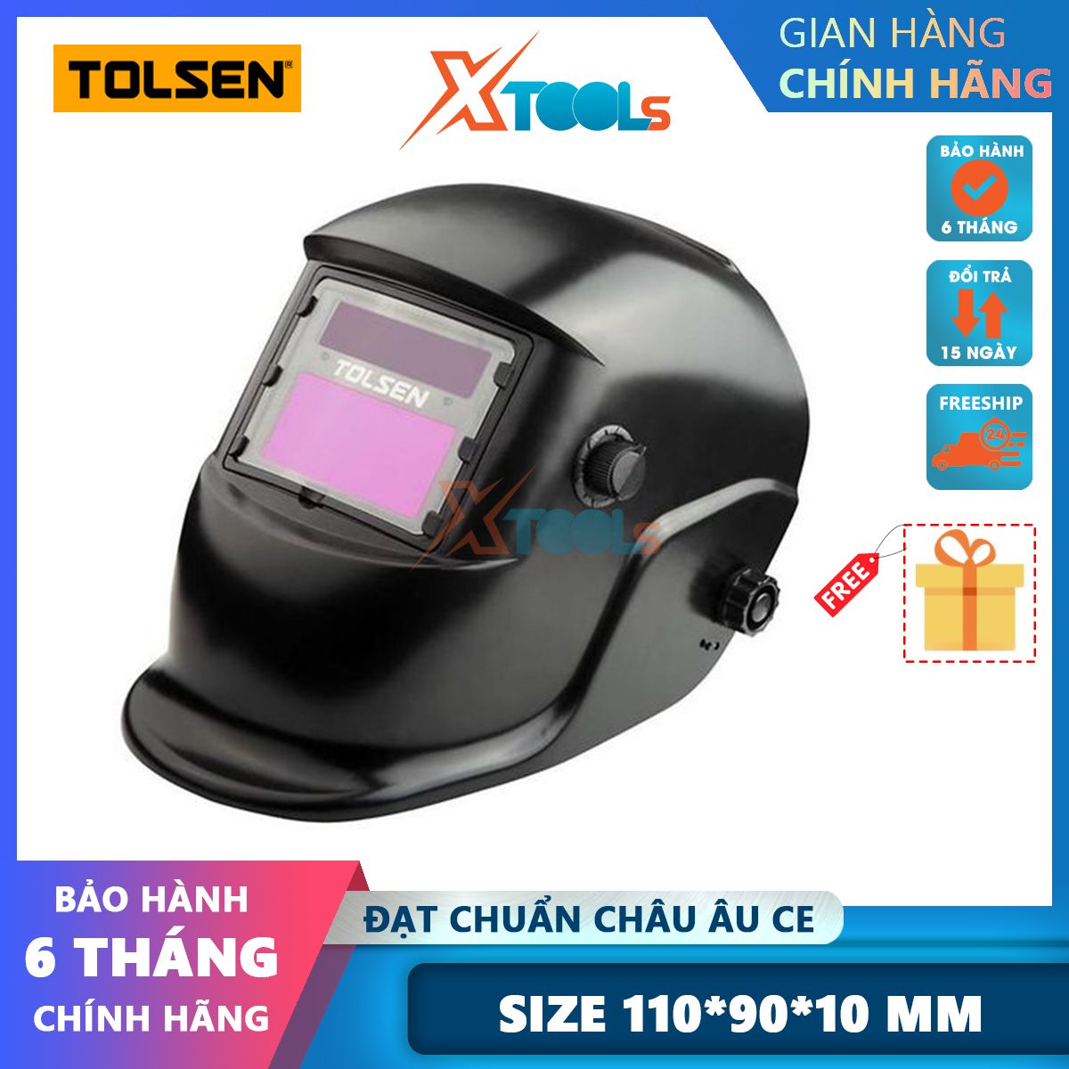 Mặt nạ hàn tự động Tolsen 45087 kích thước 110mmx90mmx10mm 2 lớp kính, trang bị dây đeo mặt nạ điện tử tự động tốiXTOOLs