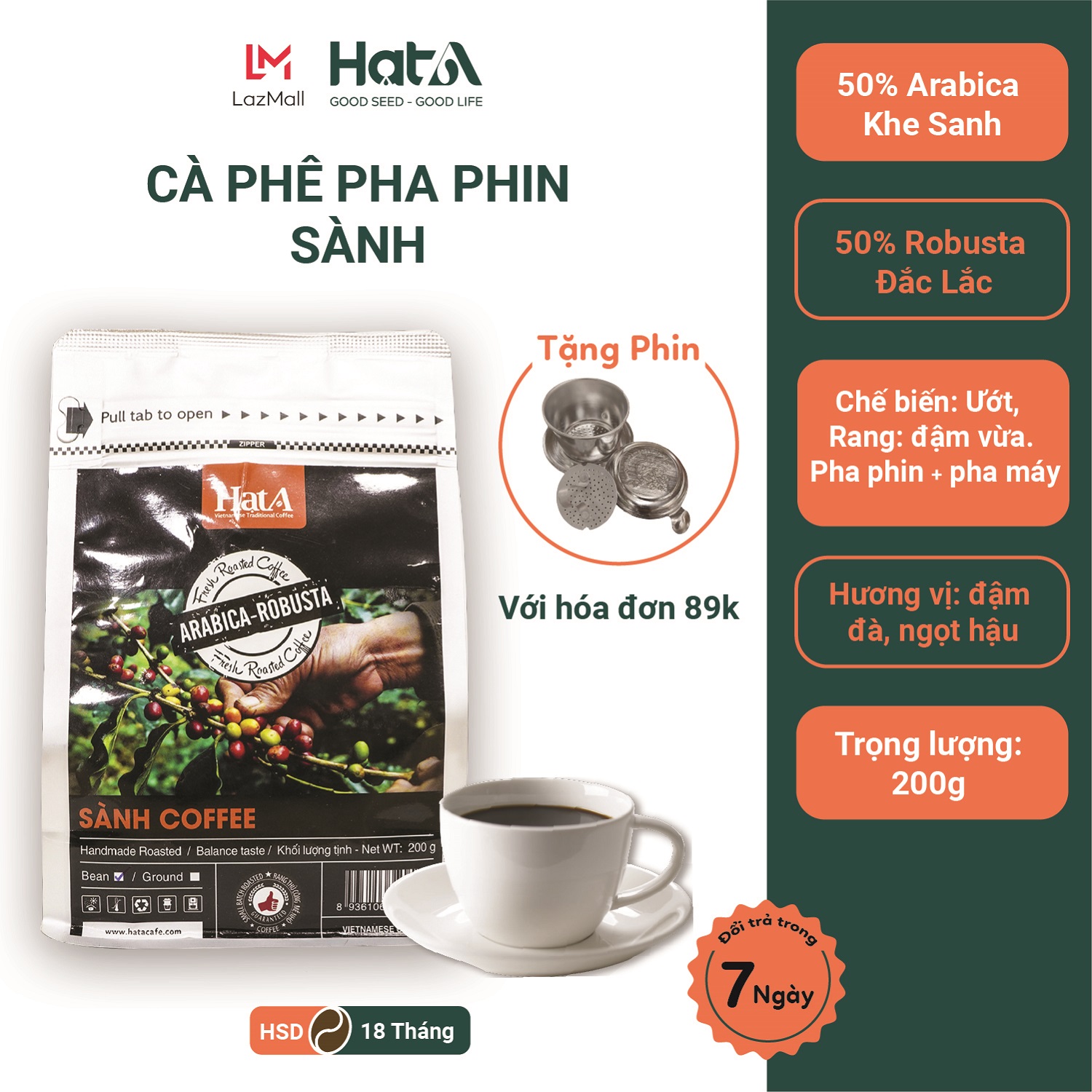 Cà Phê Rang Xay Pha Phin Nguyên Chất 50% Arbica, 50% Robusta Hạt A Cafe Sành Coffee - Không Tẩm Ướp, Không Pha Trộn - Dạng Bột 200g