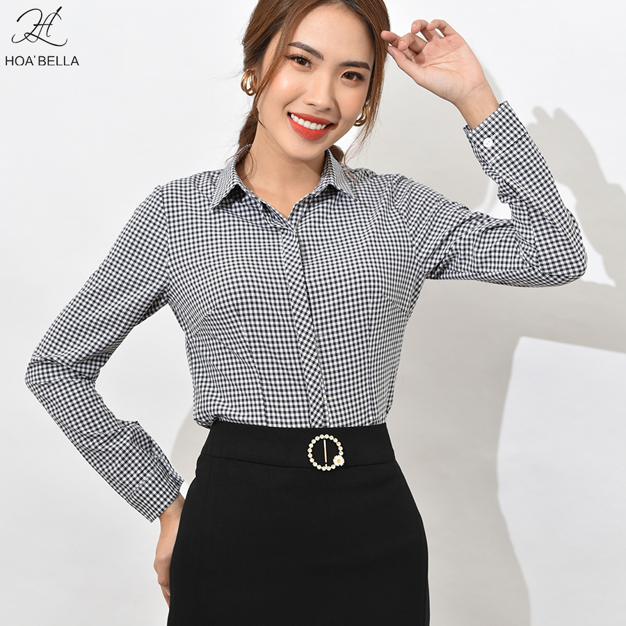 Áo Sơ Mi Nữ HOABELLA Chất Liệu Lụa Họa Tiết Caro Có Co Giãn (SME01-Đ)
