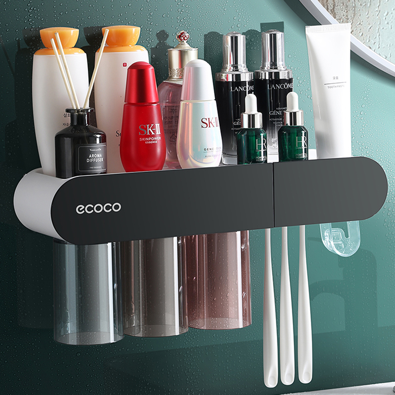 Giá treo bàn chải, kệ cắm cốc hút từ tính Ecoco E2122 hiện đại tặng kèm nhả kem và miếng dán