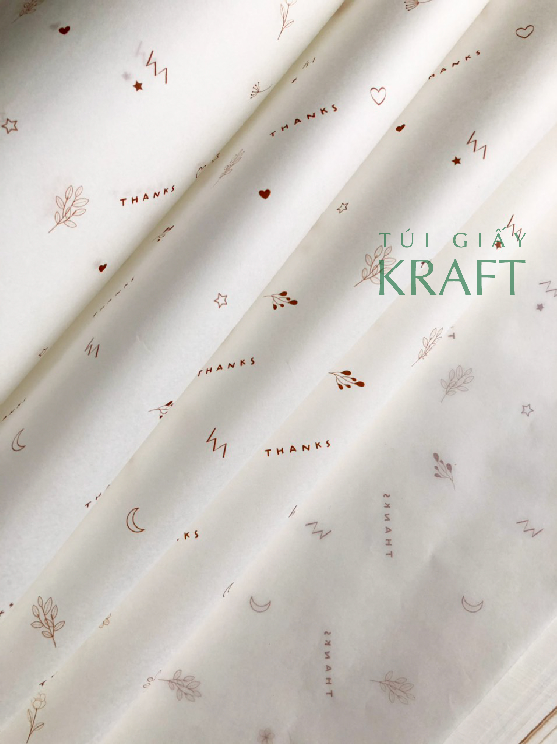 Giấy Pelure trắng in hoạ tiết Nâu 39 x 64cm, giấy gói hàng, tuigiaykraftvn