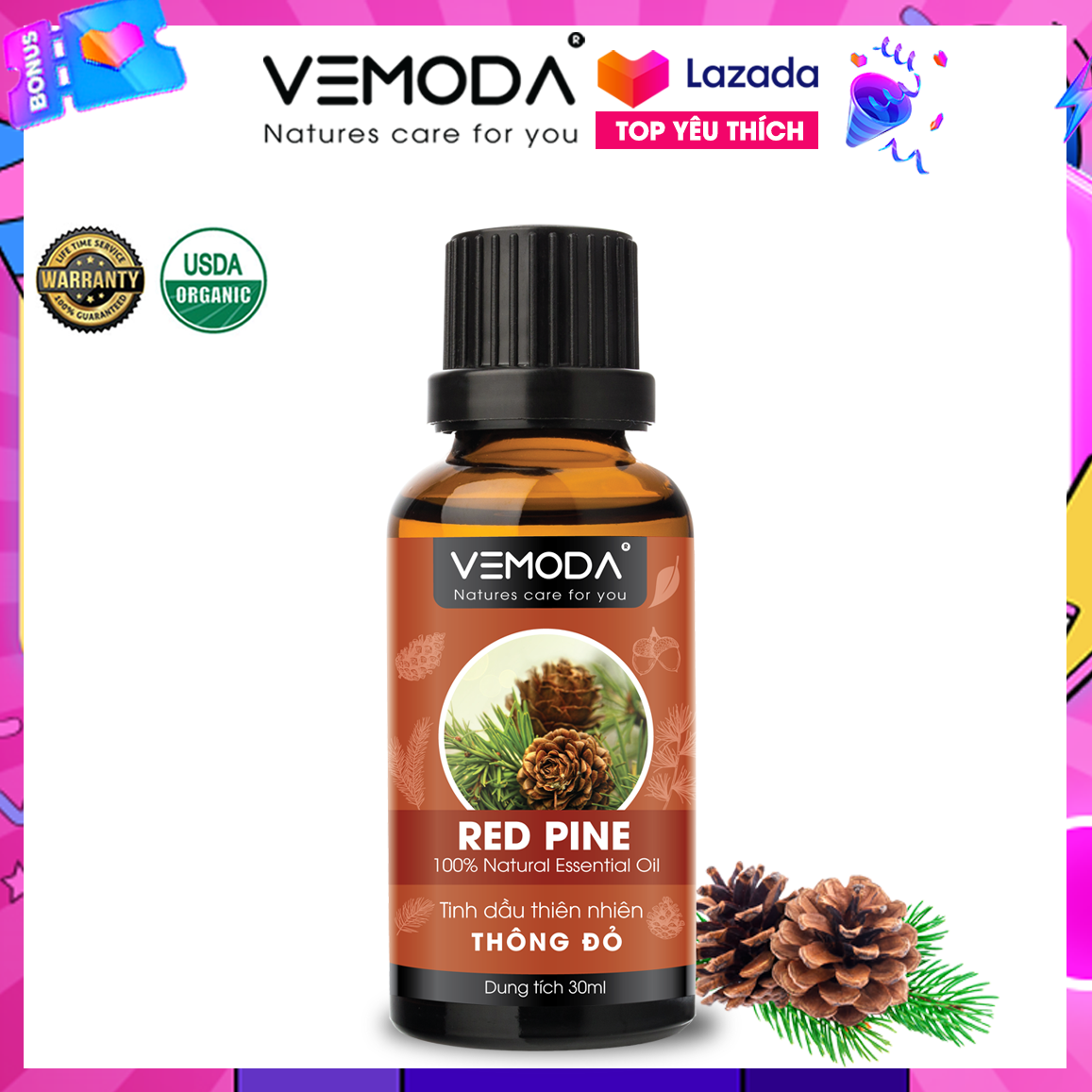Tinh dầu Thông đỏ cao cấp Vemoda 30ML | Redpine Essential Oil. Tinh dầu xông phòng. Tinh dầu thơm phòng mùi hương Thông Đỏ giúp khử mùi, kháng khuẩn, thanh lọc không khí, giảm đau, giữ ấm