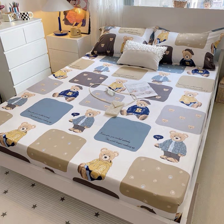 Ga giường, bộ ga gối kèm vỏ gối mẫu gấu balo, kích thước ga giường m2/m6/m8/2m2, vải cotton poly cao cấp - - chăn ga gối linh la shop