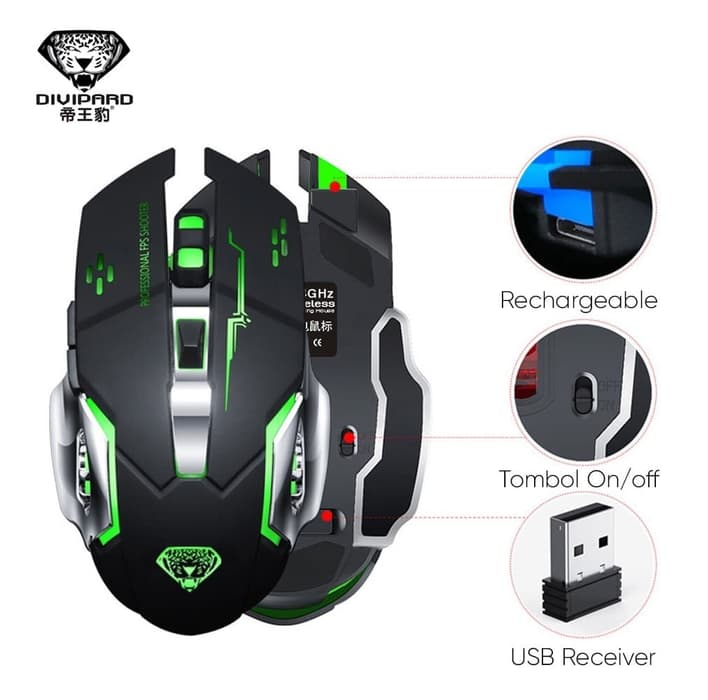 Chuột không dây chuyên game Divipard Q3 Silent Led màu dùng pin sạc