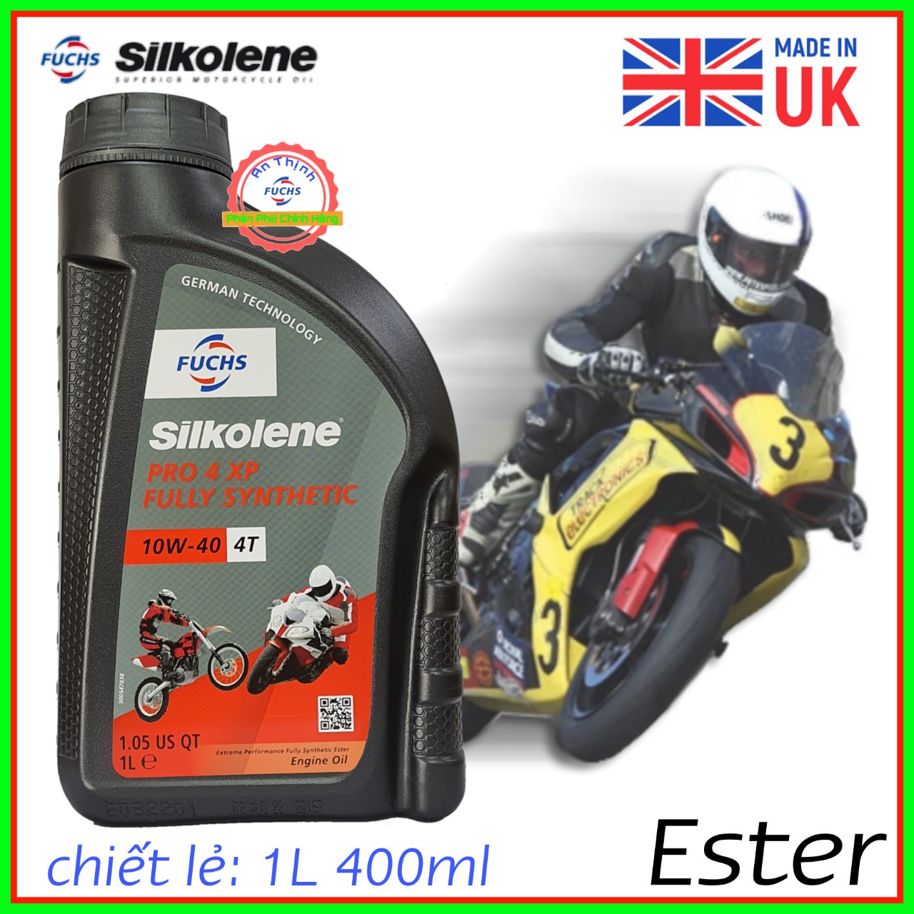 Chiết lẻ-mẫu mới-1l 400ml nhớt fuchs silkolene pro xp 5w40-10w40 và 15w50 4t fully synthetic ester-tem 3 lớp-nhập khẩu từ vương quốc anh.
