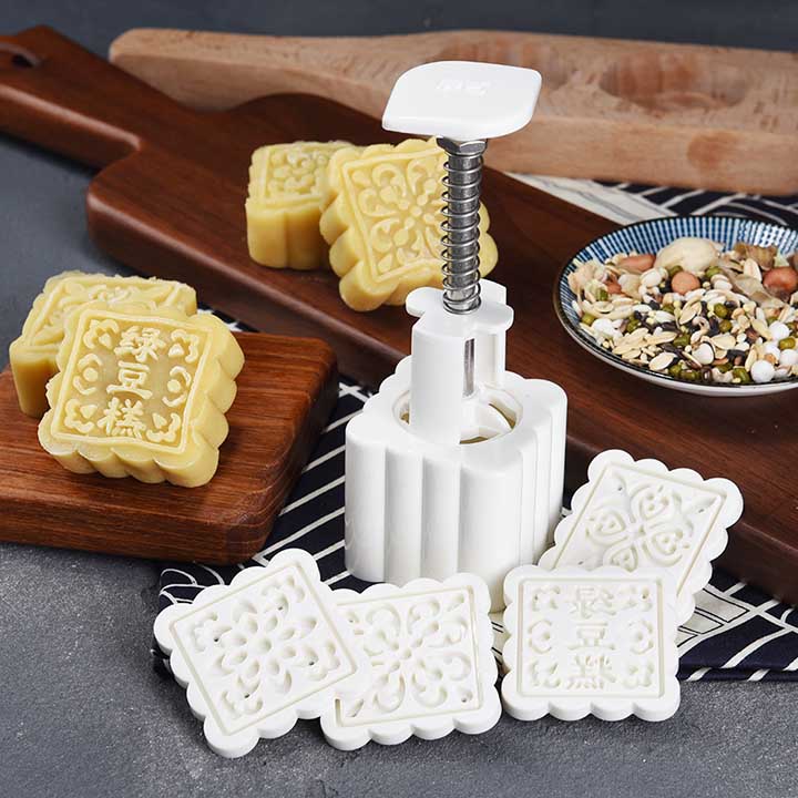 (Siêu Sale) Khuôn Bánh, Khuôn trung thu lò xo 100gr 4 mặt vuông truyền thống, khuôn ấn lò so thông minh