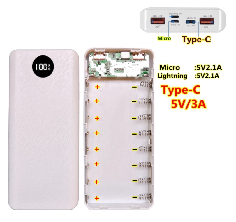 Box 8X (Trắng) , box sạc dự phòng dùng cục 8 pin, LCD Full chân cắm type C, lighting, micro usb, Box sạc dự phòng 8 khe pin dùng pin 18650 (chưa Pin và Cáp )