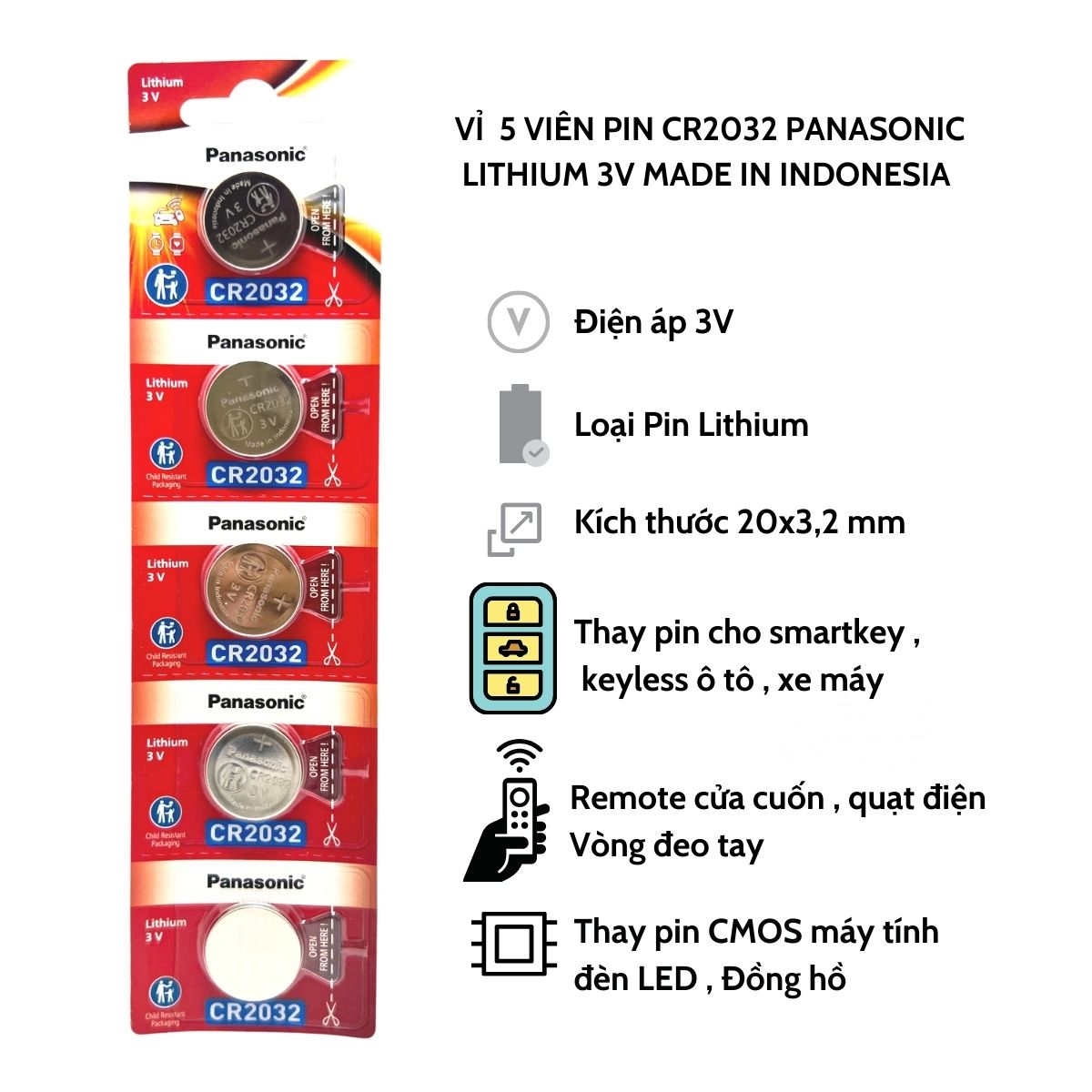 Vỉ 5 Viên Pin CR2032 Panasonic Lithium 3V Made In Indonesia  - Hàng Chính Hãng
