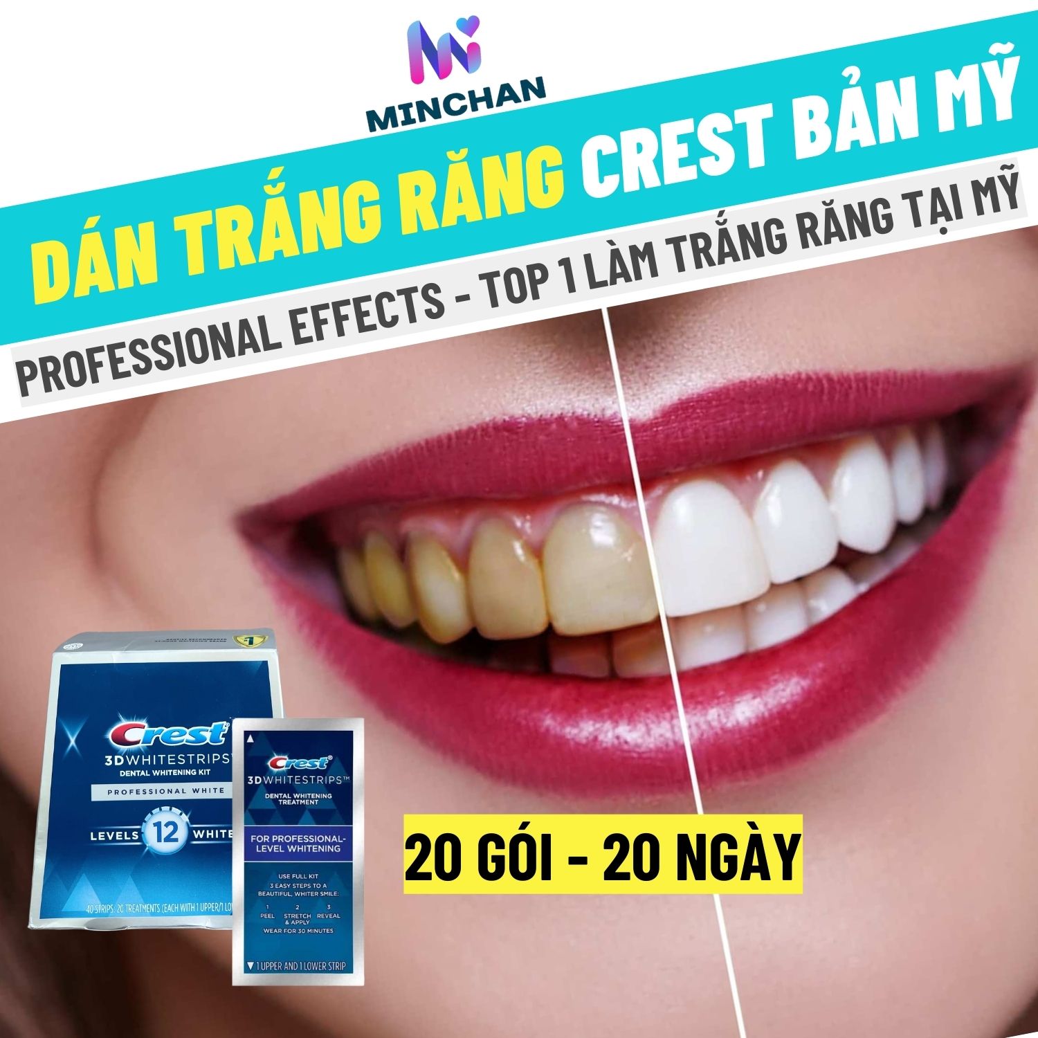 Crest 3D White 1 hộp miếng dán Crest Professional Effects Nguyên Seal Mỹ Mẫu Mới Minchan