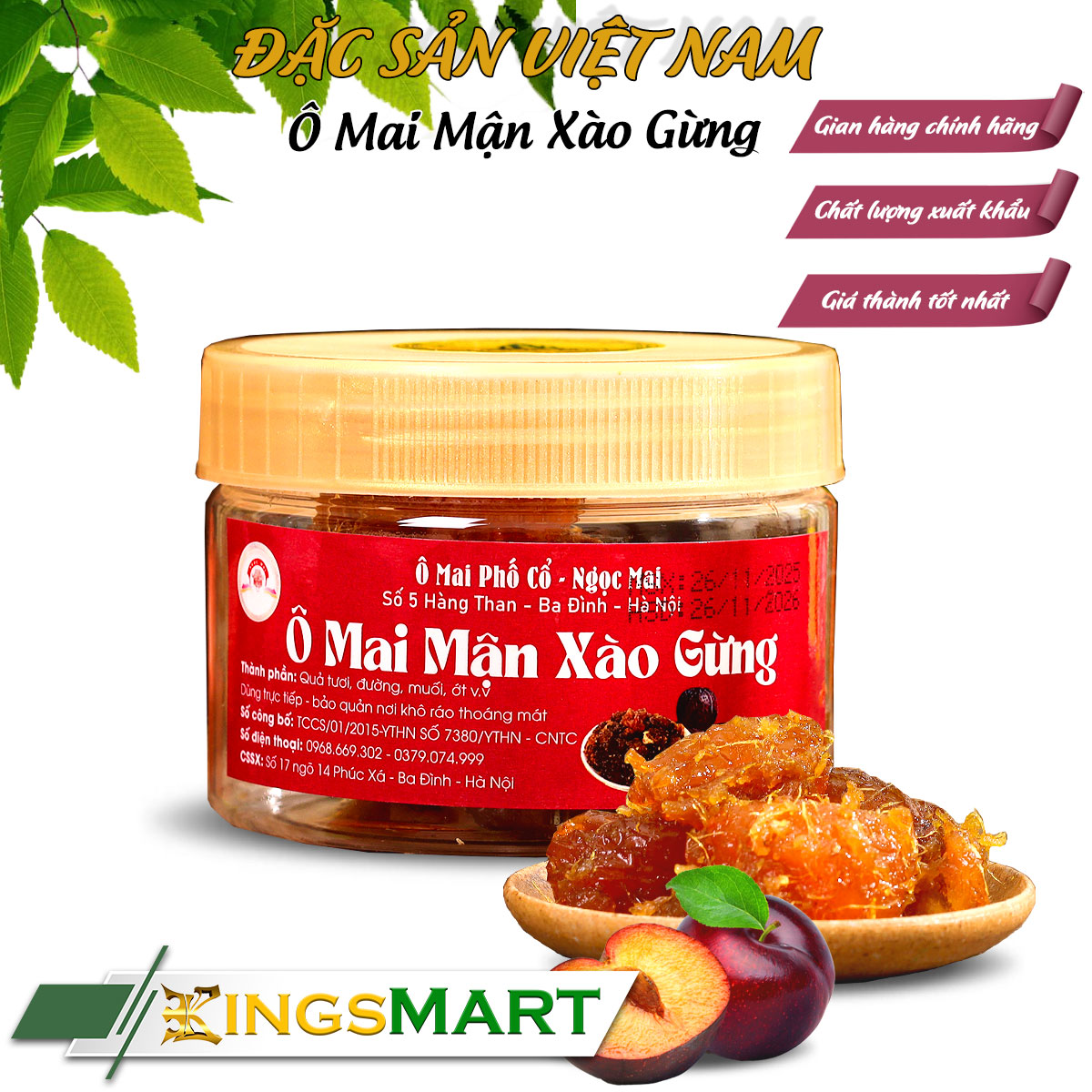 Ô mai mận xào gừng - Thương hiệu NGỌC MAI - Đặc sản phố cổ Hà Nội - Hũ 200g - Kingsmart