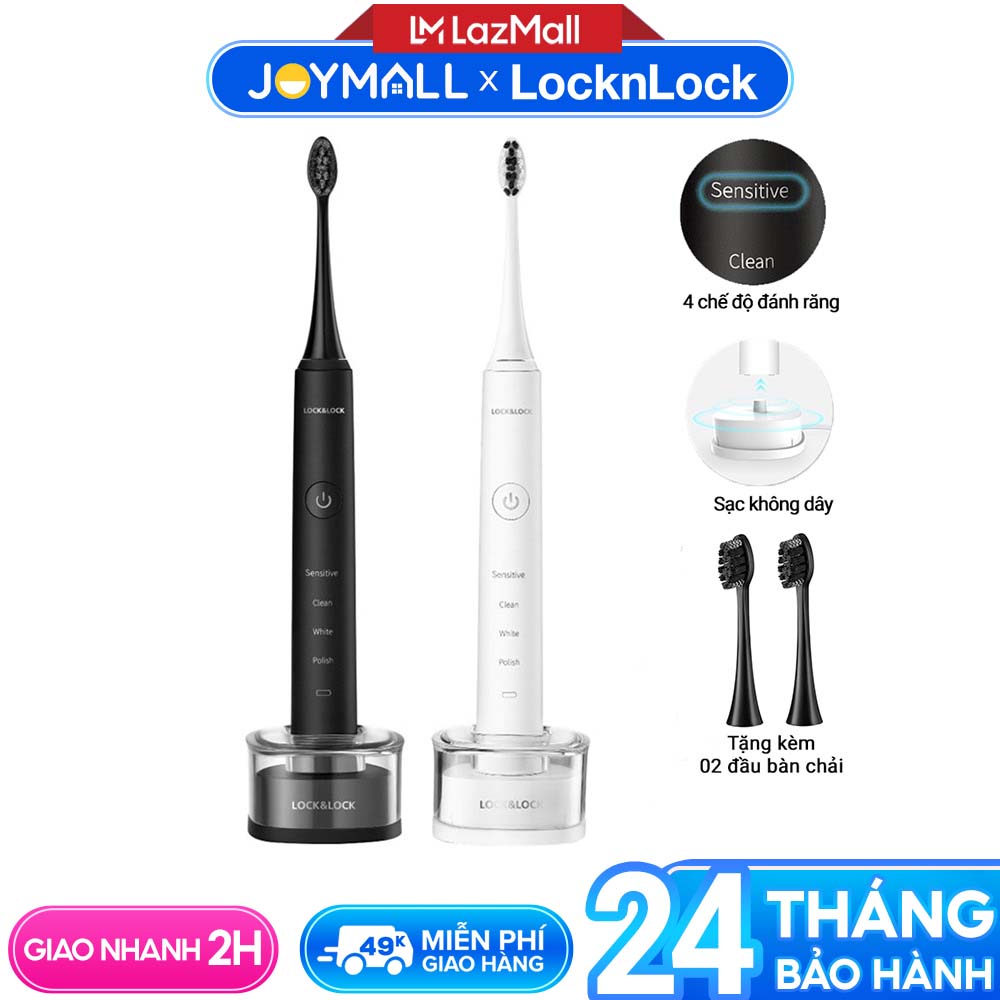 Bàn chải điện Lock&Lock ENR346 - Hàng chính hãng, 4 chế độ làm sạch, lông chải mềm mại, tặng kèm 2 đầu bàn chải thay thế - JoyMall