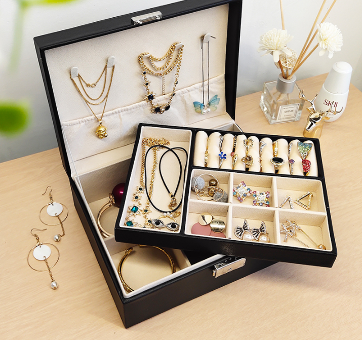Hộp bày đồng hồ, hoa tai 2 tầng bằng da cao cấp - Quà tặng sang trọng khay đựng trang sức đẹp ý nghĩa