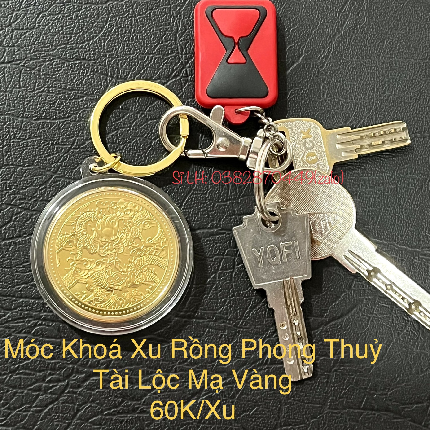 Đồng Xu Con Rồng Phong Thủy Mạ Vàng Tặng Kèm Móc Khóa Và Túi Gấm