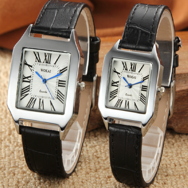( Tặng thêm 2 viên pin ) Đồng hồ cặp mặt vuông dây da đẹp - Giá bán trên là 2 chiếc như hình