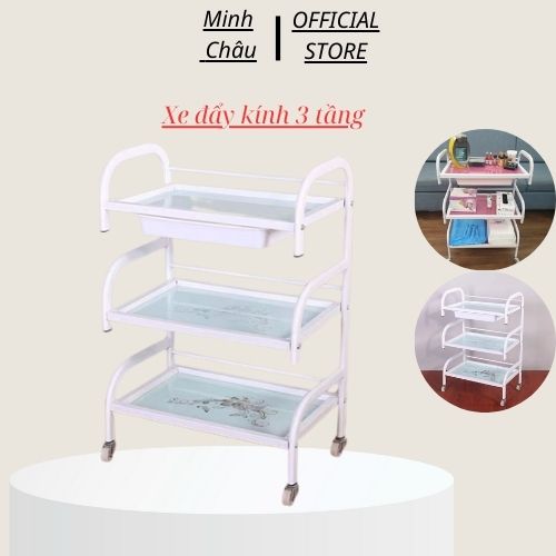 Xe đẩy kính | xe đẩy spa hoa văn 3 tầng có khay