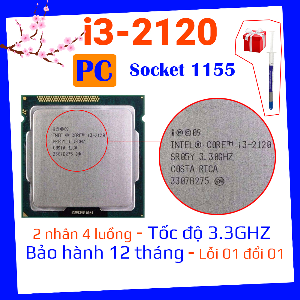 Bộ vi xử lý CPU CORE I3 2120 PC socket 1155 lắp main H61 Z68 B75 chạy RAM DDR3 1G 2G 4G 8G bus 1333/1600 Chip Sandy Bridge thế hệ 2 tốc độ chíp  3.3GHZ  cấu tạo 2 lõi – 4 luồng Hàng chính hãng