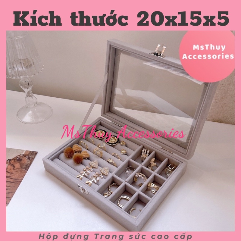 Hộp đựng trang sức bọc nhung có kính nhựa mika trong suốt