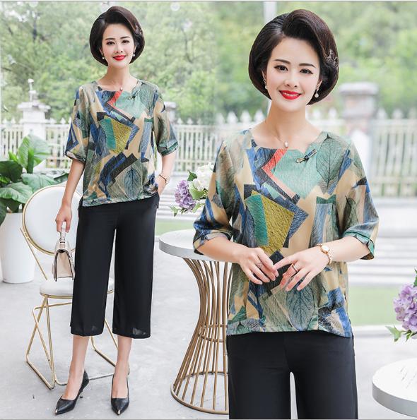 Bộ quần áo thun cho người trung niên nữ / Bộ đồ chất lụa cho mẹ trung tuổi / Quần áo mùa hè cho mẹ trung tuổi U50