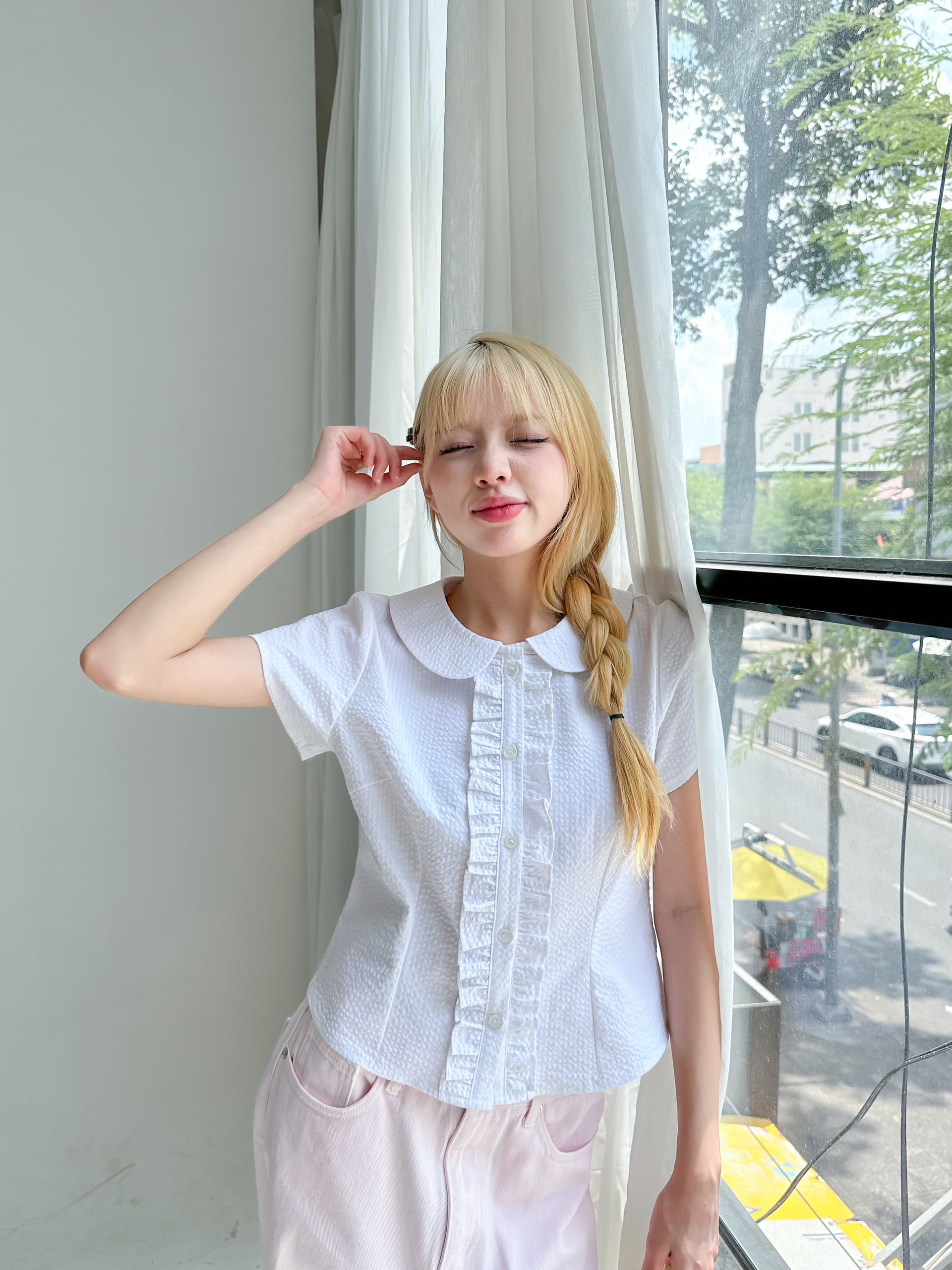 Kido - áo sơ mi tay ngắn phối bèo poplin top