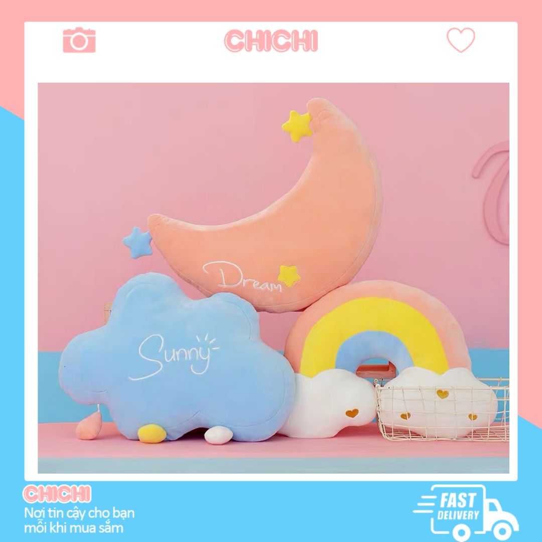 Gối trang trí hình đám mây cầu vồng và trăng.hàng nhập mềm mịn thích hợp để làm gối ômgối tựa lưng văn phòng GVP01-ChiChi