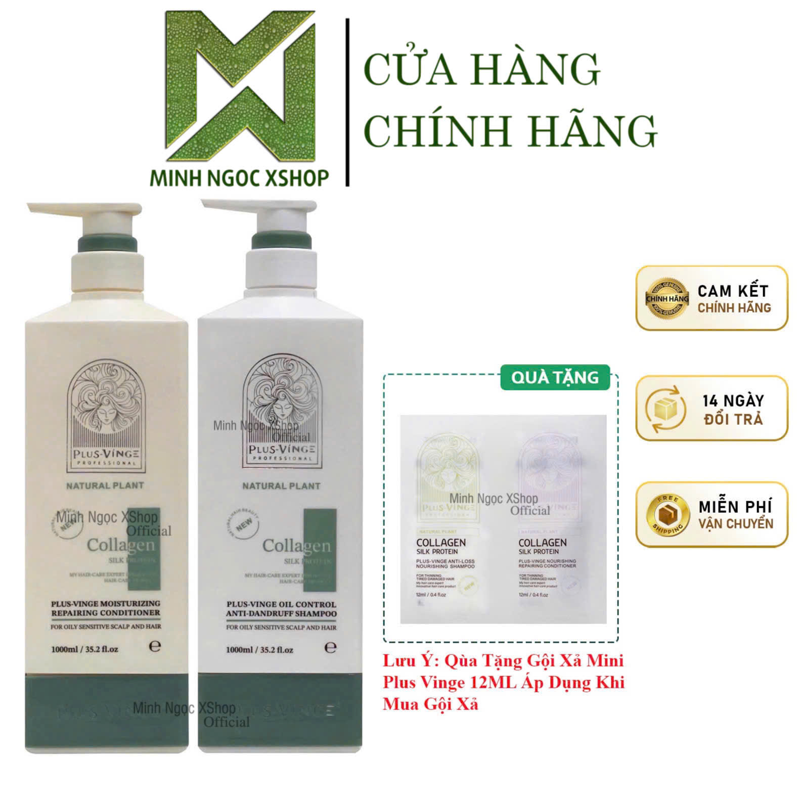 Dầu gội xả cho tóc dầu, gàu rụng Plus Vinge Collagen Xanh 1000ML Mẫu Mới 2025