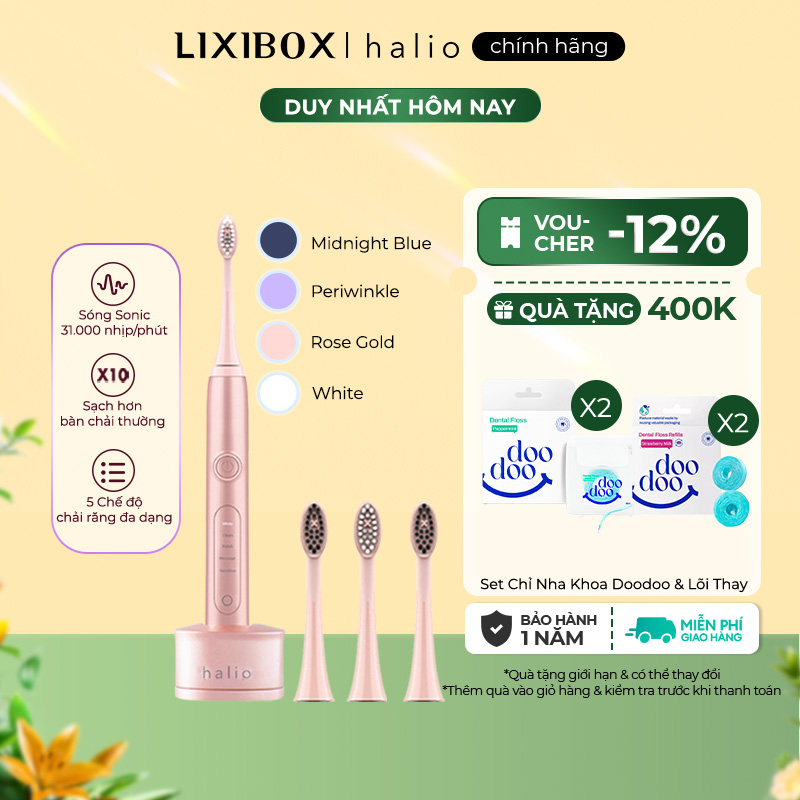 Combo Bàn Chải Đánh Răng Halio Sonic Whitening Toothbrush Rose Gold và 2 Đầu Bàn Chải Thay Thế