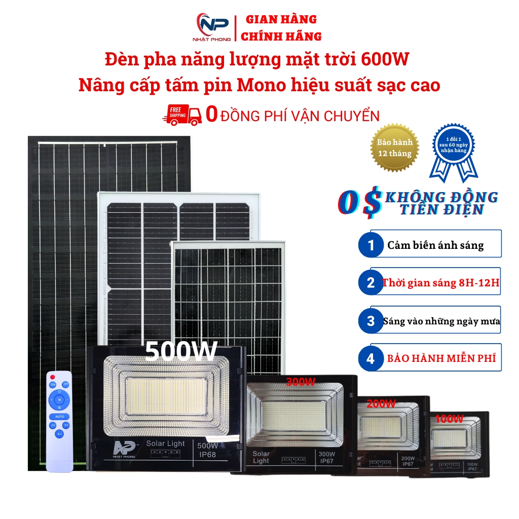 [0Đồng Vận chuyển]Đèn năng lượng mặt trời sân vườn NHẬT PHONG SOLAR, đèn pha LEON 300W,500W, cảm biến áng sáng tự động sáng, có điều khiển, chống nước IP67, bảo hành 1 năm