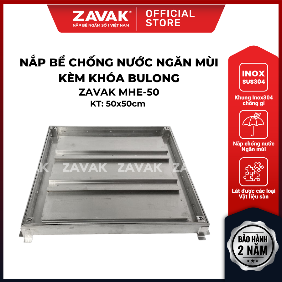 BẢO HÀNH 2 NĂM - Nắp hố ga ZAVAK MHE-50 (50x50) chống mùi, chống nước, lát gạch dày 1.2cm, chịu tải tối đa 0.6 tấn, inox 304