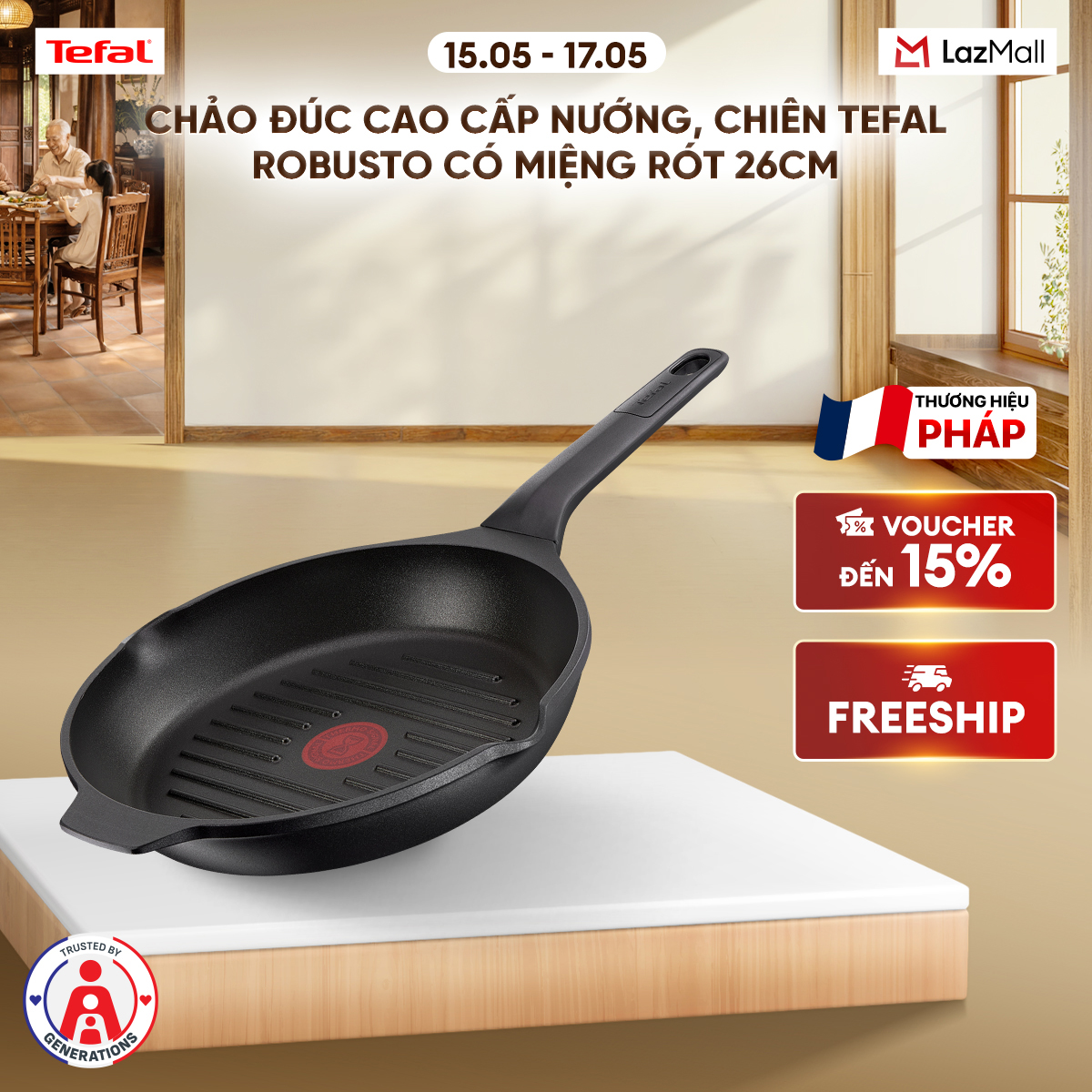 Chảo đúc cao cấp nướng chiên Tefal Robusto có miệng rót 26cm