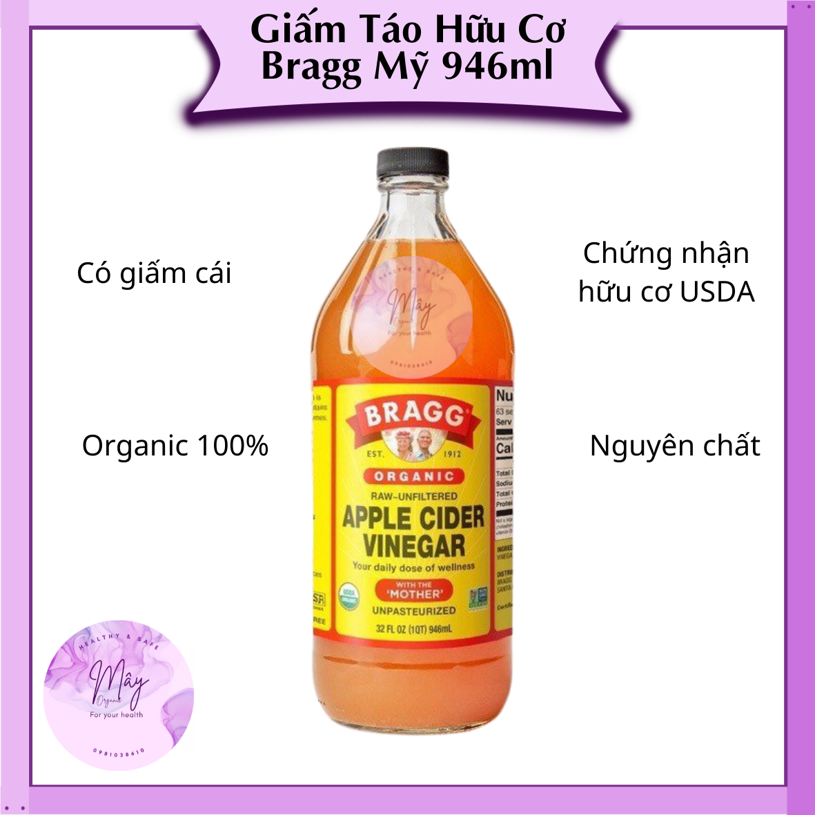 GIẤM TÁO HỮU CƠ BRAGG 946ML (Hàng Mỹ, có giấm cái)