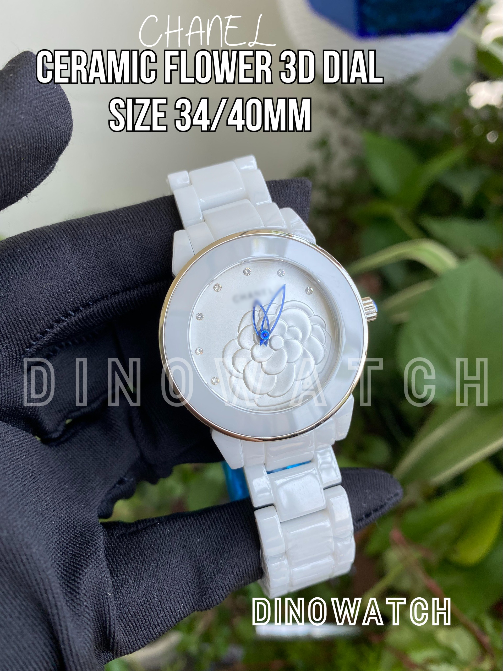 Dinowatch đồng hồ nữ unisex chờnel dây đá ceramic - mặt hình hoa hồng nổi viền bạc - size 34mm / 40mm