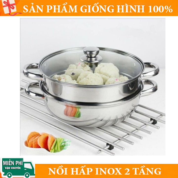 Nồi hấp inox 2 tầng, Nồi hấp 2 tầng đa năng 28cm, cách thủy đa năng dùng được bếp từ, bếp hồng ngoại