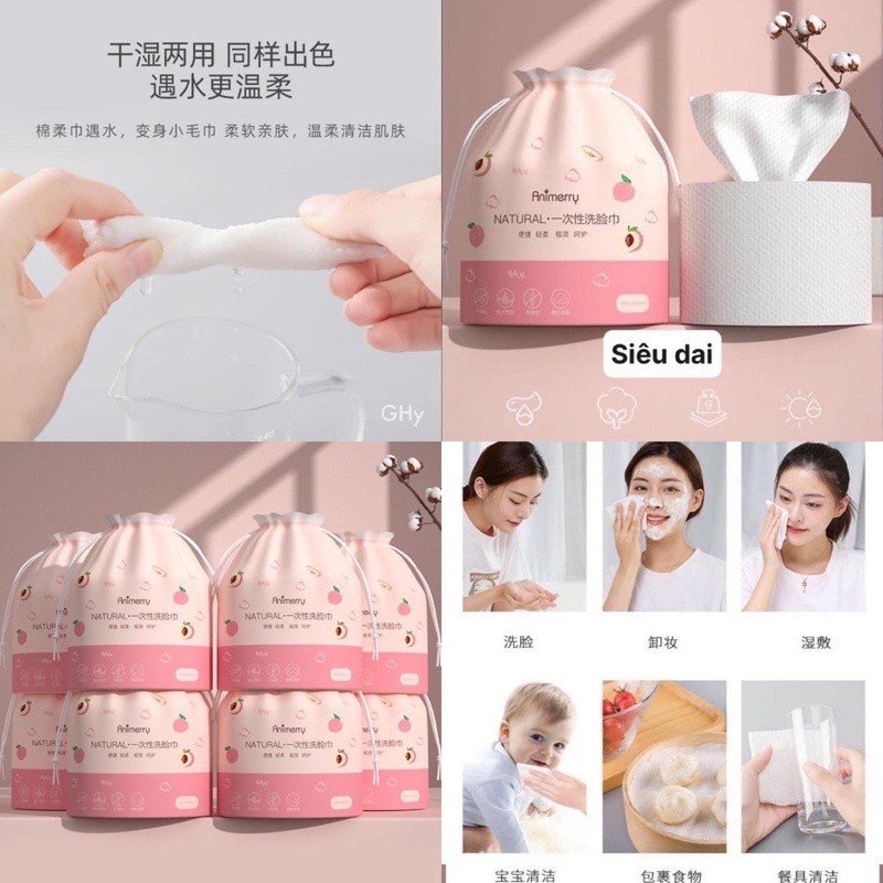 Giấy lau mặt cotton, khăn lau mặt dùng 1 lần Animerry trái đào, khăn giấy dạng cuộn tiện lợi