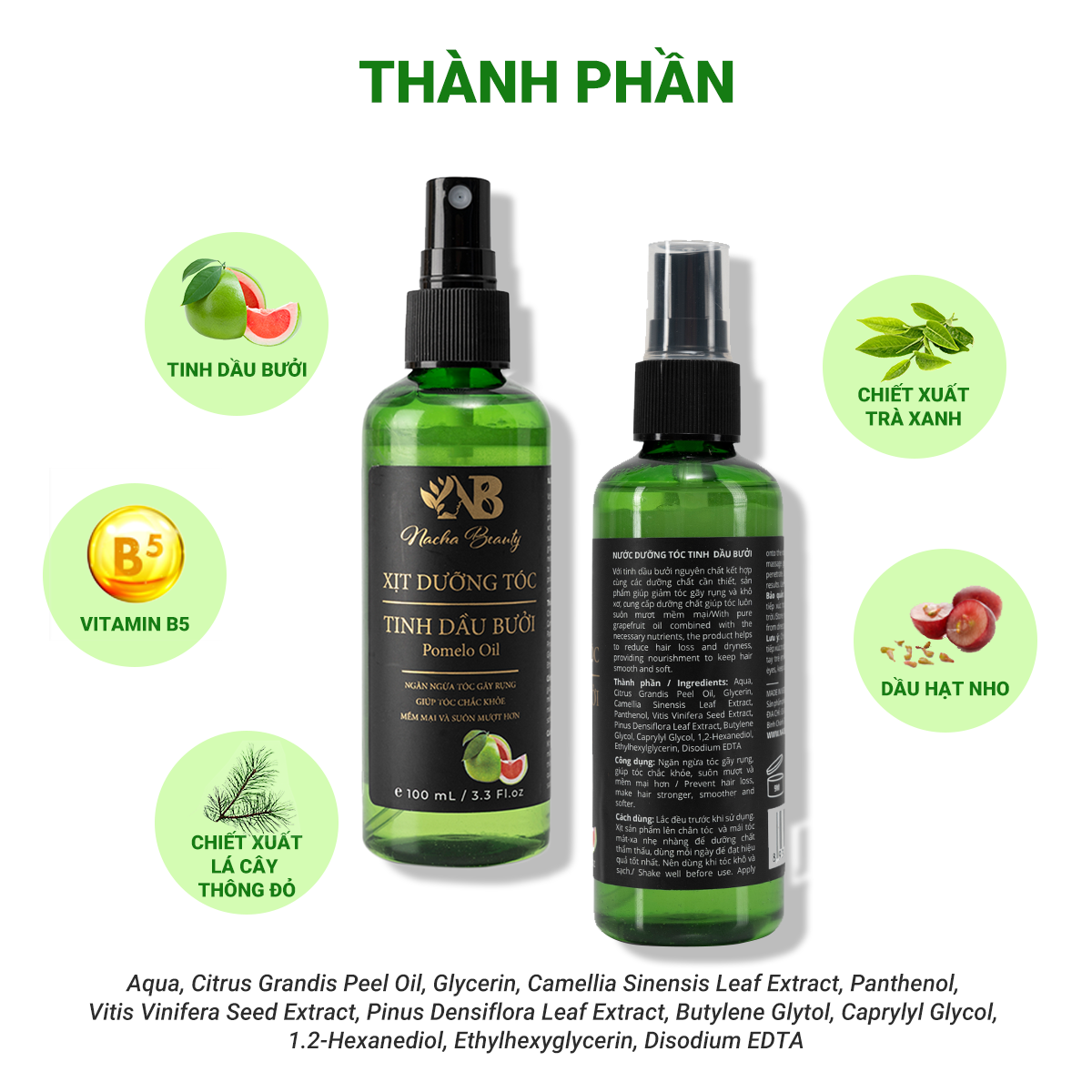 [HCM]BỘ 2 CHAI Tinh dầu bưởi dưỡng tóc dạng xịt Pomelo Nacha Beauty giúp ngăn ngừa rụng tóc, kích thích mọc tóc cho mái tóc chắc khỏe