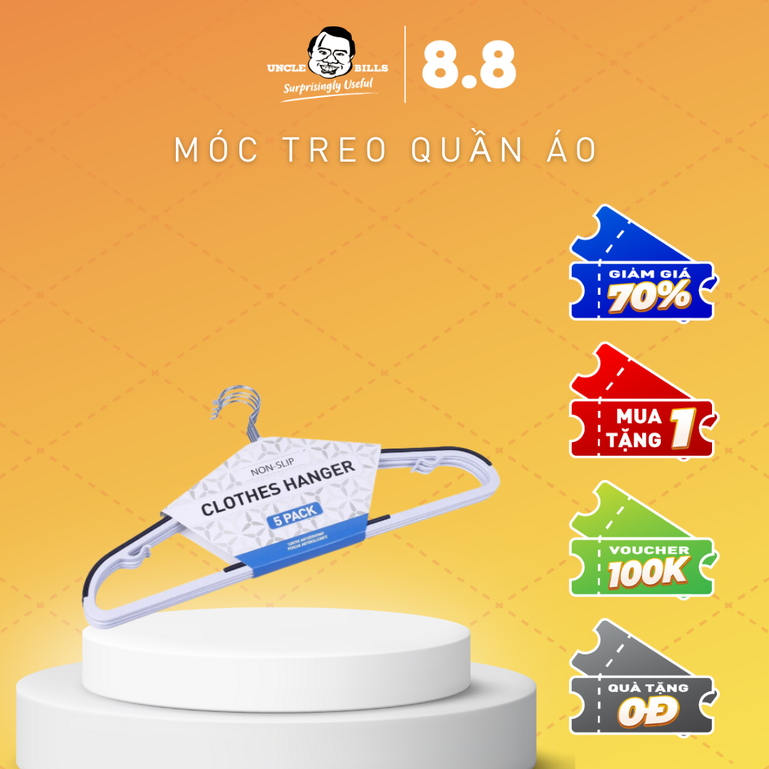 5 móc treo quần áo chống trượt chất liệu nhựa cao cấp cứng cáp Uncle Bills BL0687 móc quần áo người lớn,đầu móc  treo xoay linh hoạt, móc được mọi loại quần áo, không làm mất dáng áo, có lớp silicon giúp quần áo không trượt