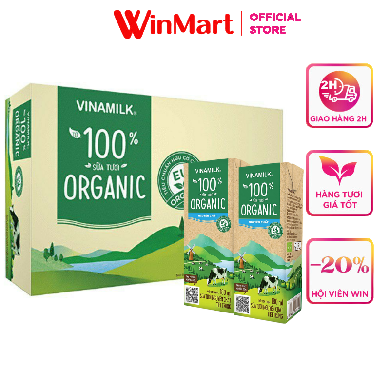 [Siêu thị WinMart] - Thùng 48 hộp sữa tươi tiệt trùng không đường 100% Organic Vinamilk 180ml