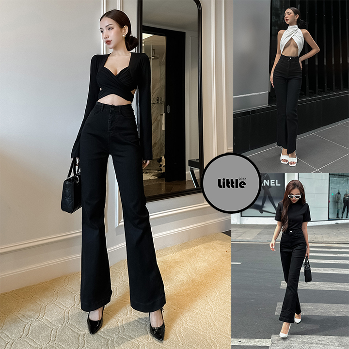 Quần jean ống loe màu đen chất co giãn ôm mông tôn mông tôn dáng "jl"