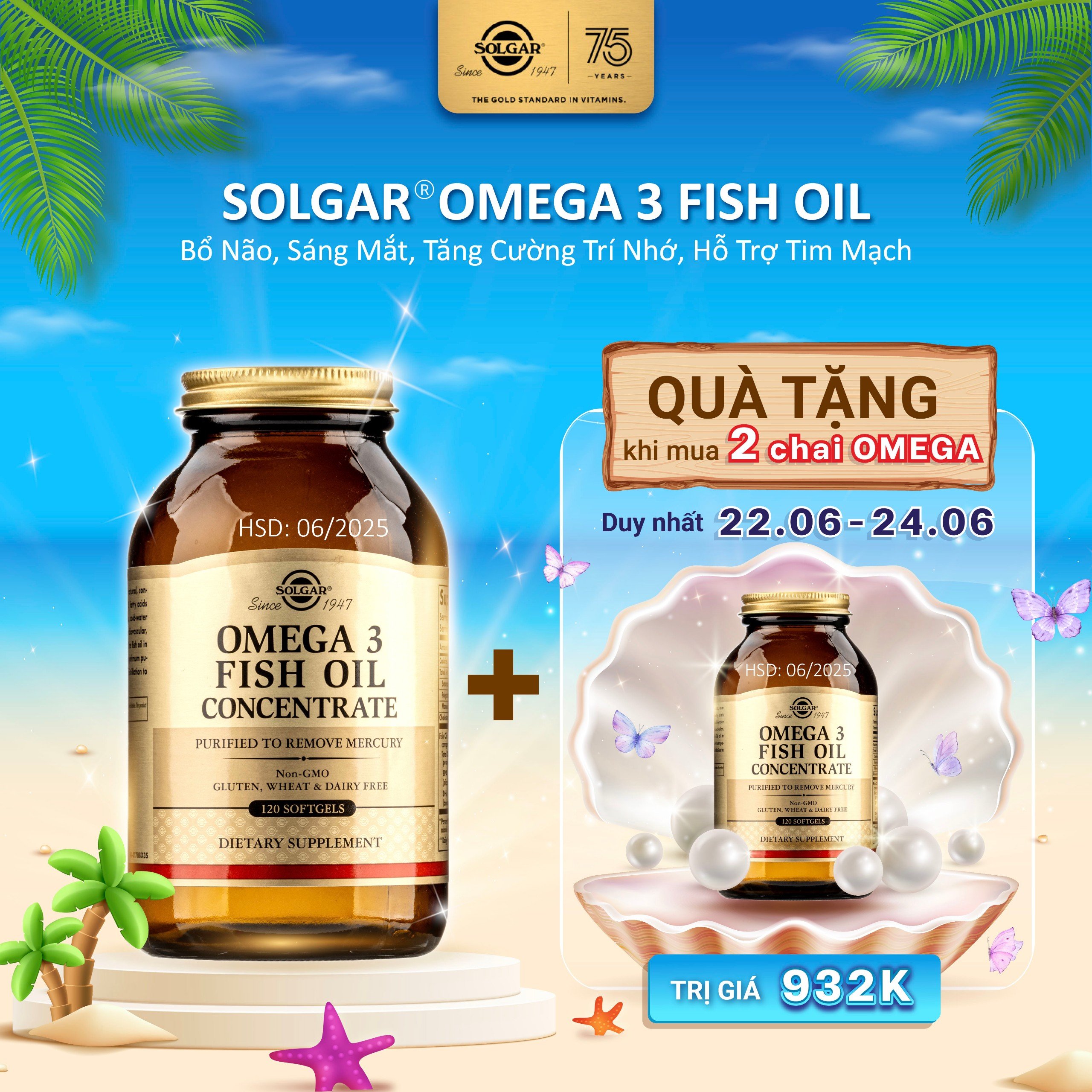 Viên Uống  Dầu Cá Omega 3 - Solgar Fish Oil Concentrate - Bổ Não, Sáng Mắt, Tăng Cường Trí Nhớ, Hỗ Trợ Tim Mạch [Lọ 120 Viên]