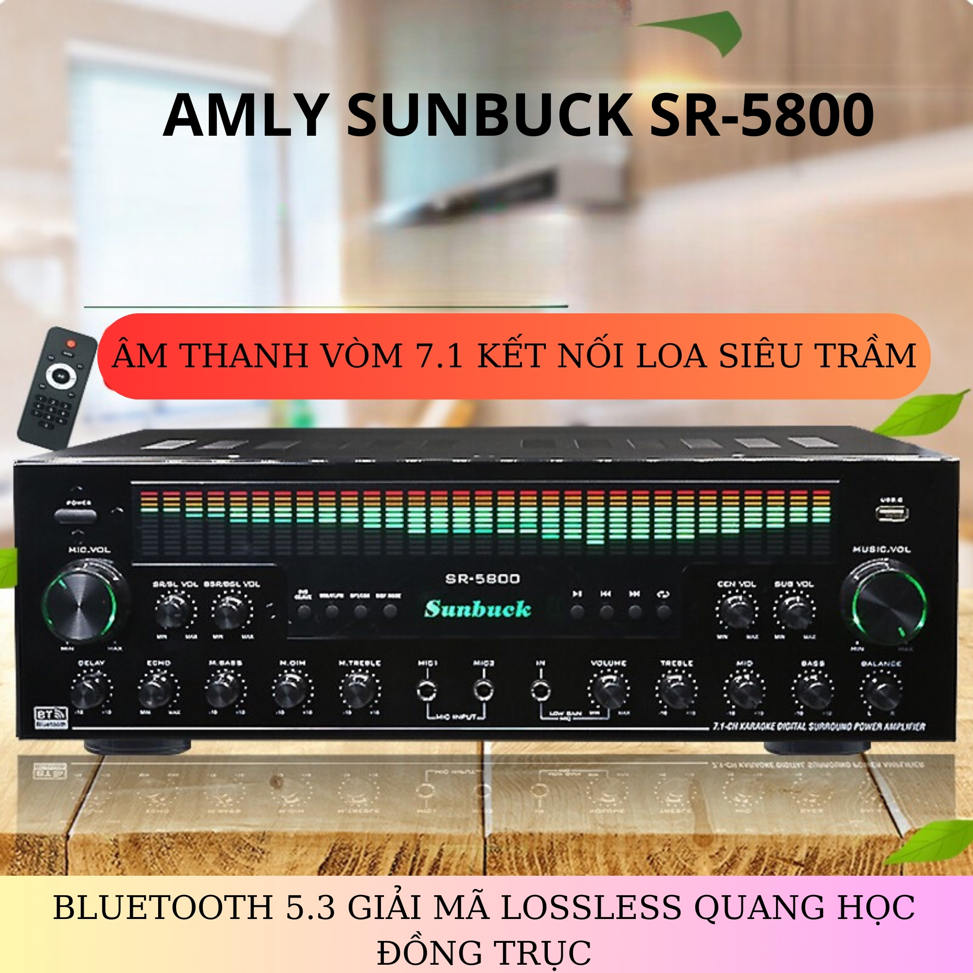 Amly , amply bluetooth sunbuck, amly karaoke SR-5800 công suất lớn đánh được sub điện và sub hơi, có cổng âm thanh quang học kết nối tiện lợi, dải đèn led equalize chỉnh theo nhạc cực chất