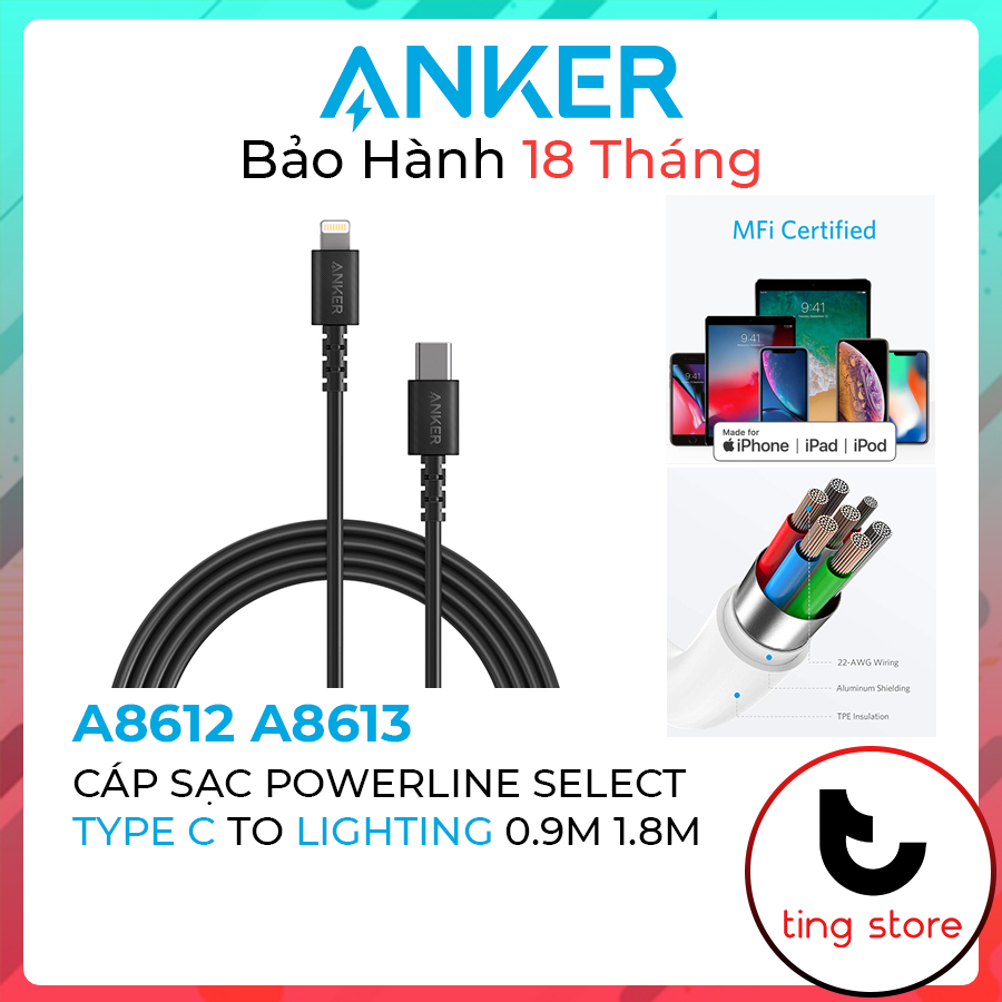 Cáp sạc anker powerline select type c to lightning dài 0.9m 1.8m chuẩn mfi cho iphone a8612 a8613
