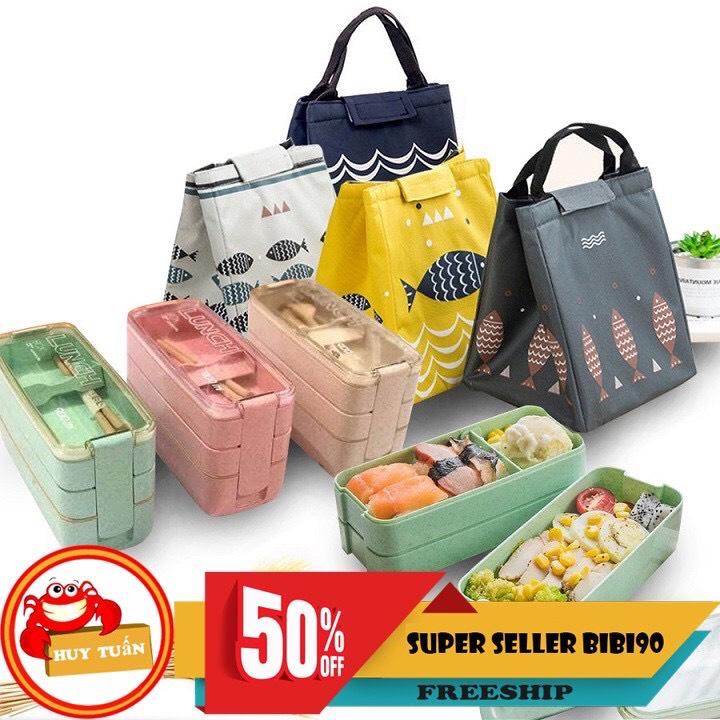 COMBO HỘP CƠM LÚA MẠCH 3 TẦNG VÀ TÚI CÁ GIỮ NHIỆT CHẤT LƯỢNG