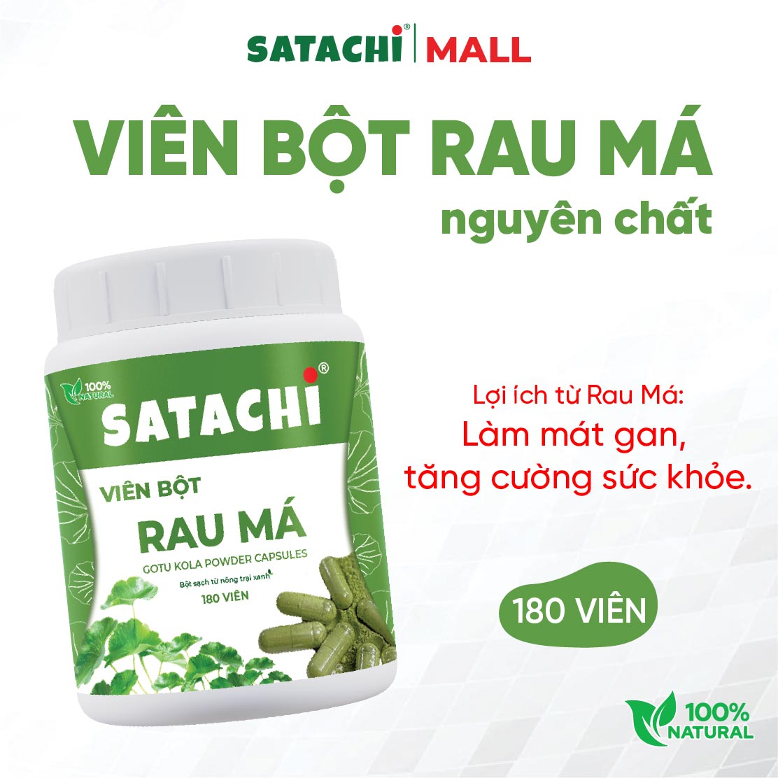 Viên Bột Rau Má Nguyên Chất SATACHI – 100% rau má tươi, không đường  – Hộp 180 viên