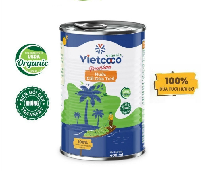 Nước cốt dừa tươi hữu cơ organic nguyên chất Vietcoco lon lớn 400ml đặc béo thơm ngon giàu dưỡng chất nấu chè, làm bánh, kho thịt ( Hàng chính hãng date mới )