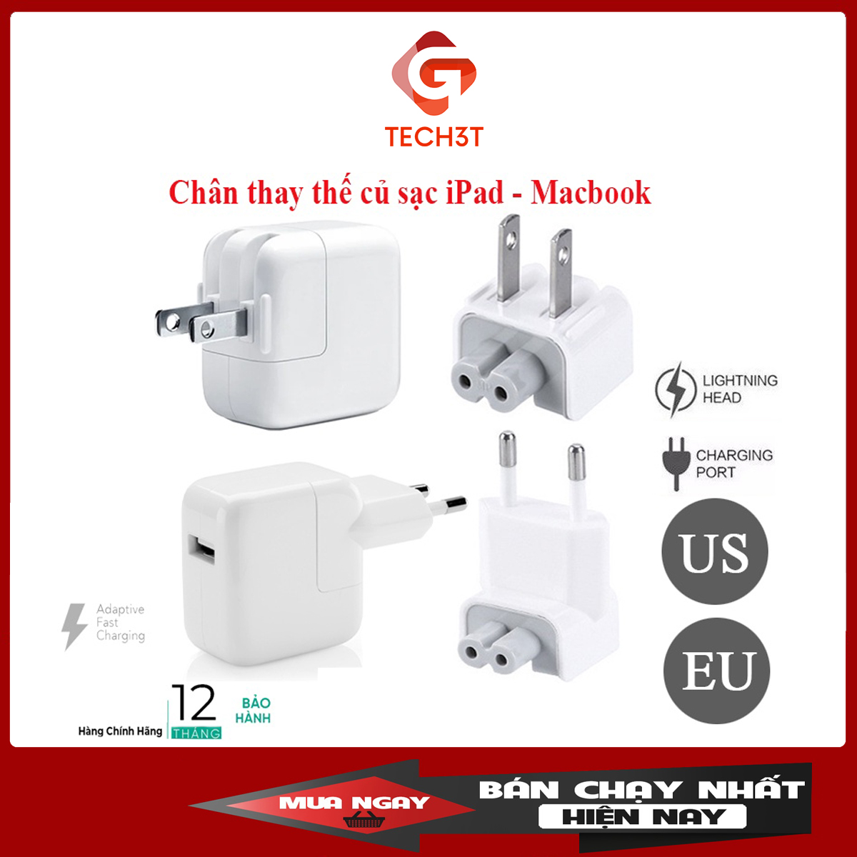Đầu chuyển 2 chấu cho củ sạc ipad / macbook / iphone - chân củ sạc ipad 10w/ 12w/ 30w/ 60w