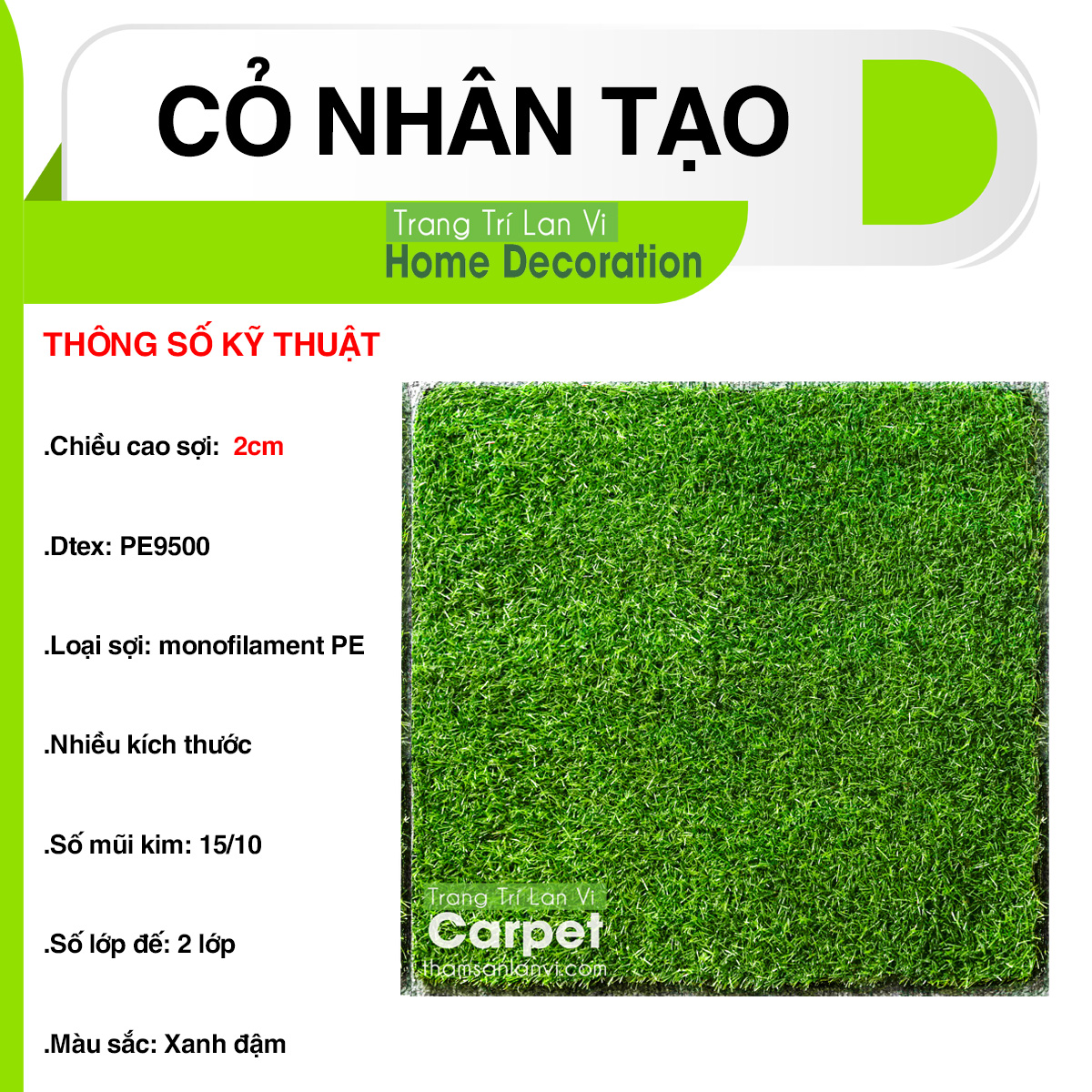 Cỏ nhân tạo dày 2cm trang trí nhà cửa sân vườn độ bên cao thoát nước, kích thước 1m x 1m