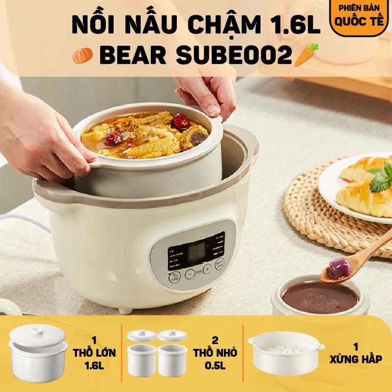 Nồi Nấu Chậm Bear 2.5L -1,6L, nồi nấu cháo chậm bear, nồi ninh hầm cách cách thủy bear, nồi hầm đa năng bear, Bộ nồi kèm 5 thố sứ và 1 xửng hấp, Hàng quốc tế chính hãng, Dùng chưng, nấu, hầm thức ăn, nấu cháo, đồ ăn dặm