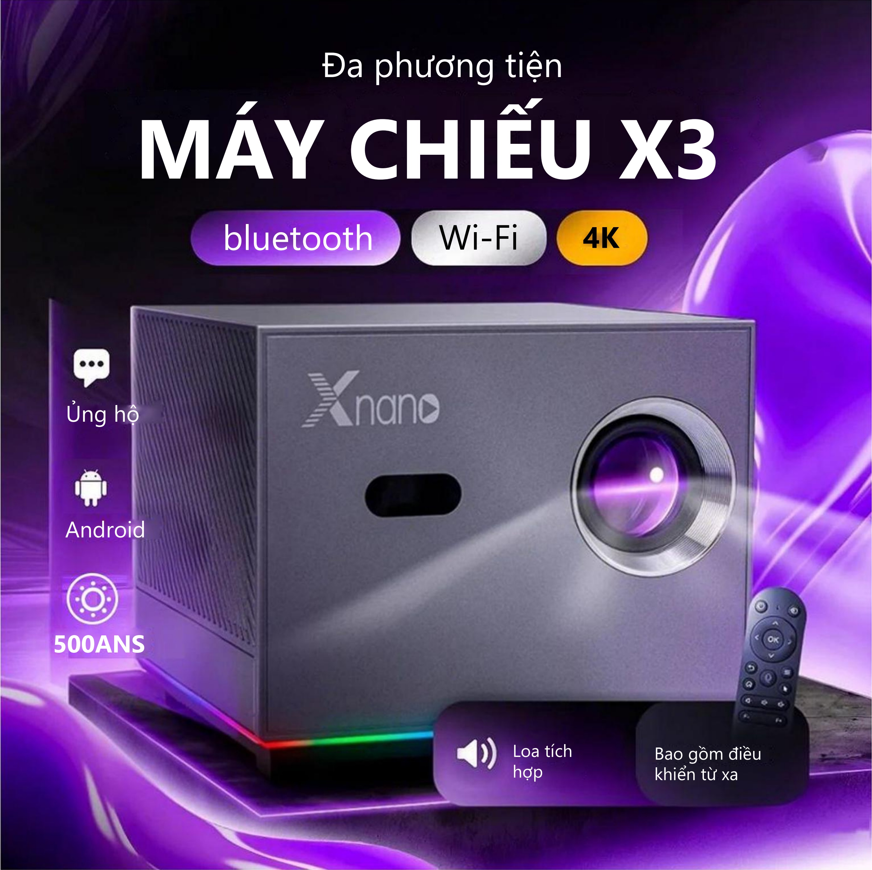 【RGB Ánh sáng FINTEX X3 Ultra 4K 500 ANSI 15000Lumen Máy chiếu di động lấy trọng tâm điện thoại android 11.0 Máy chiếu di động Hoàn hảo Android 11.0 Gia đình máy chiếu di động, giảng dạy và sử dụng văn phòng