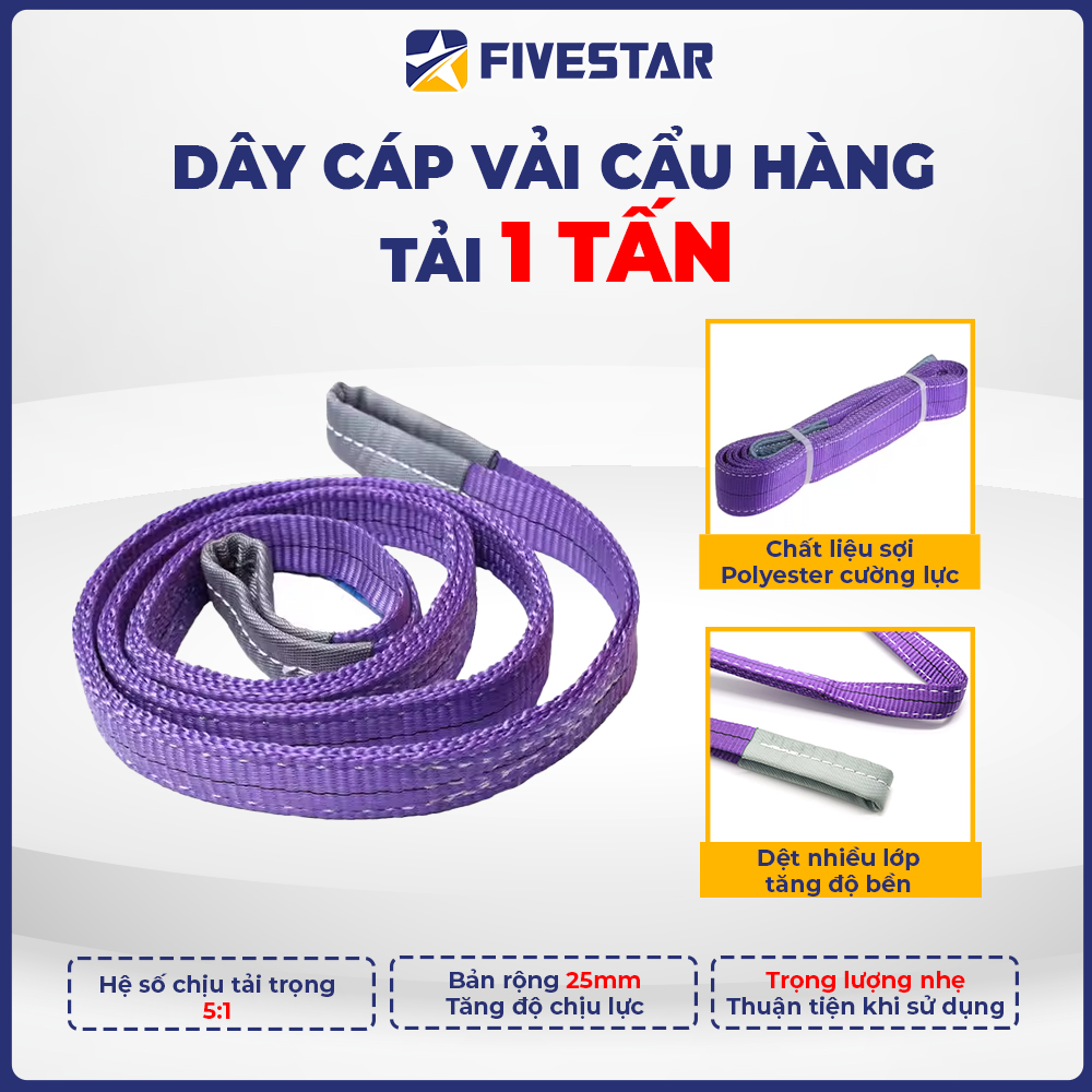 Dây cáp vải cẩu hàng loại 1 tấn, hệ số 5:1 - Chất liệu 100% chất liệu Ployester