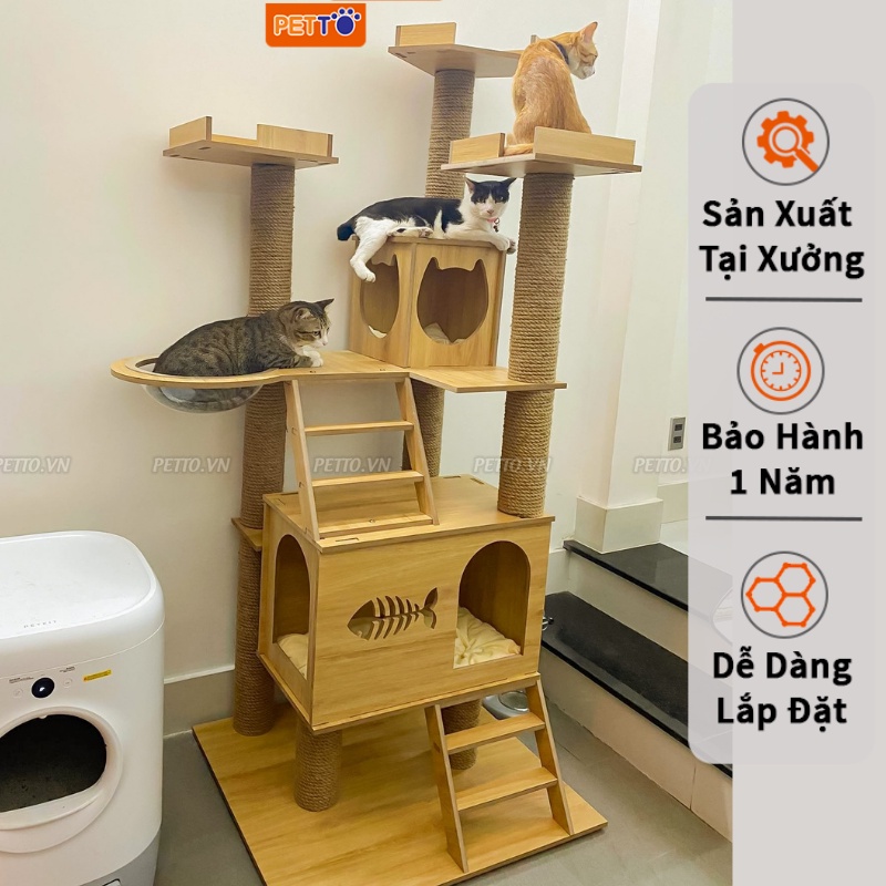 Nhà cây cho mèo petto bằng gỗ khổng lồ chắc chắn sag trọng dành cho 1 - 3 bé mèo cao 1m8 bảo hành 1 năm ch018