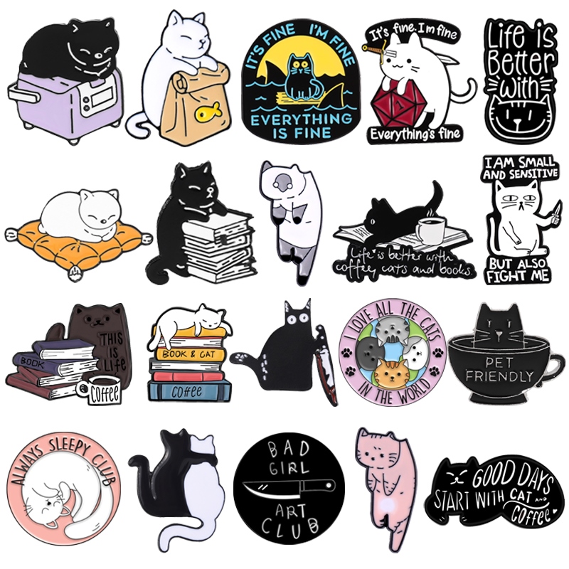 【CC】 Cat Collection Enamel Brooch Coffee Cup Pack Books Life is With Dice Cute Badge Lapel Pins